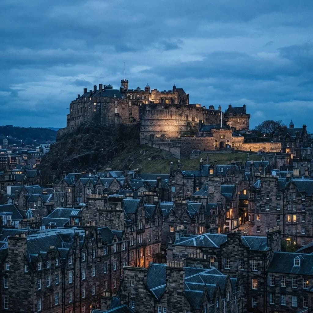 Edinburgh Castle on Castle Rock above the old town rooftops